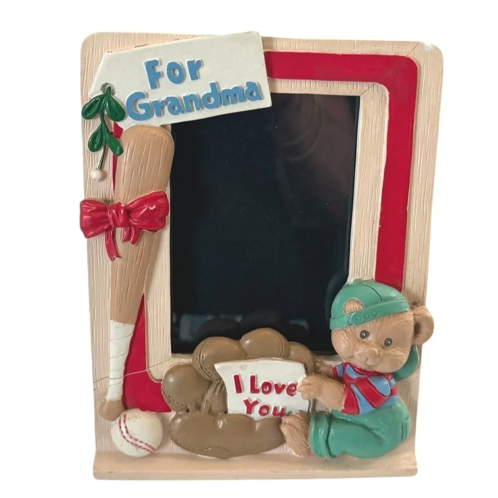 Vintage Baseball Teddy Bear For Grandma Resin Picture Frame I Love You Sports